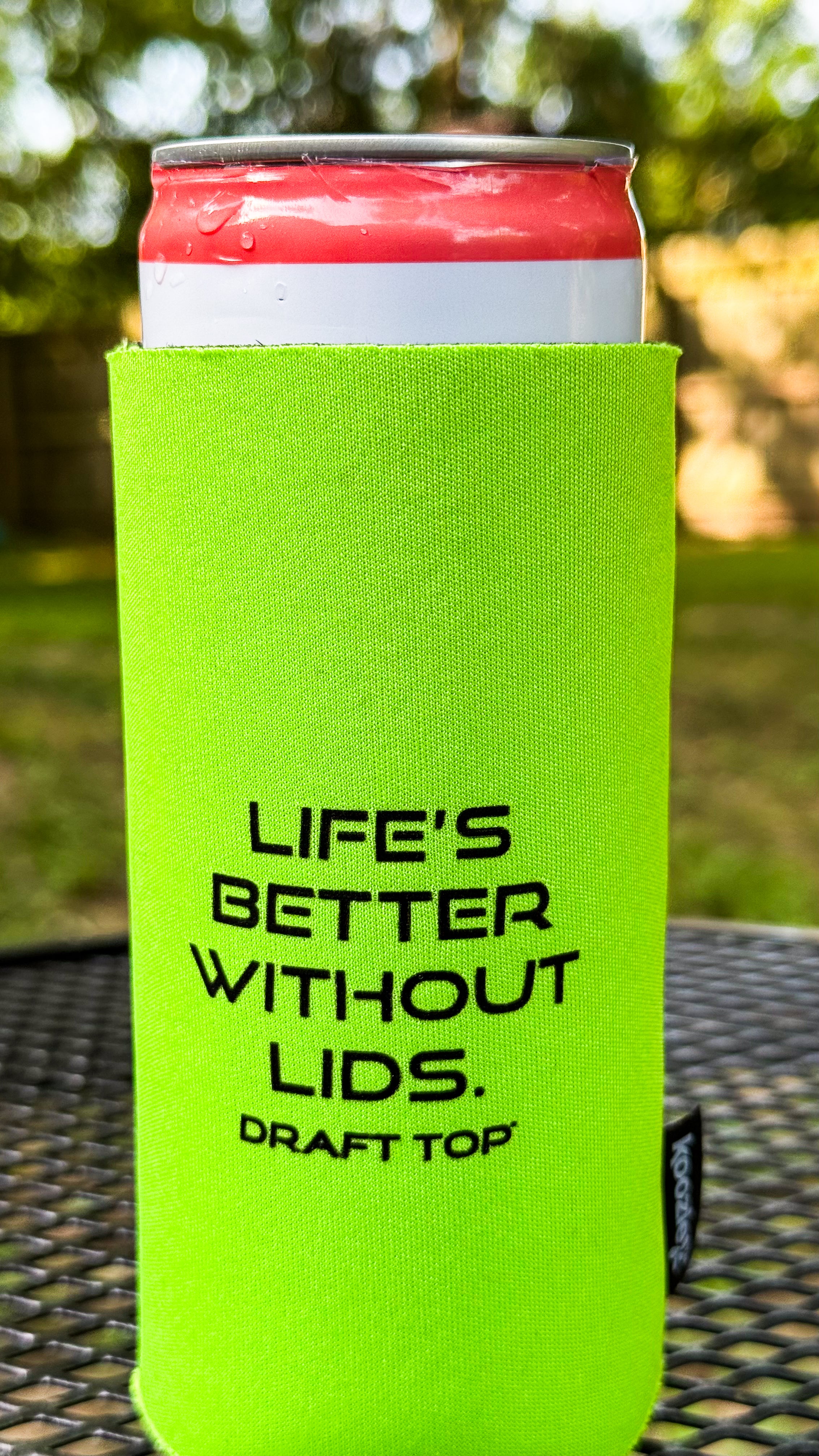 Draft Top Slim Can Cooler – Life’s Better Without Lids (Neon Green)-Merchandise-Draft Top-Draft Top