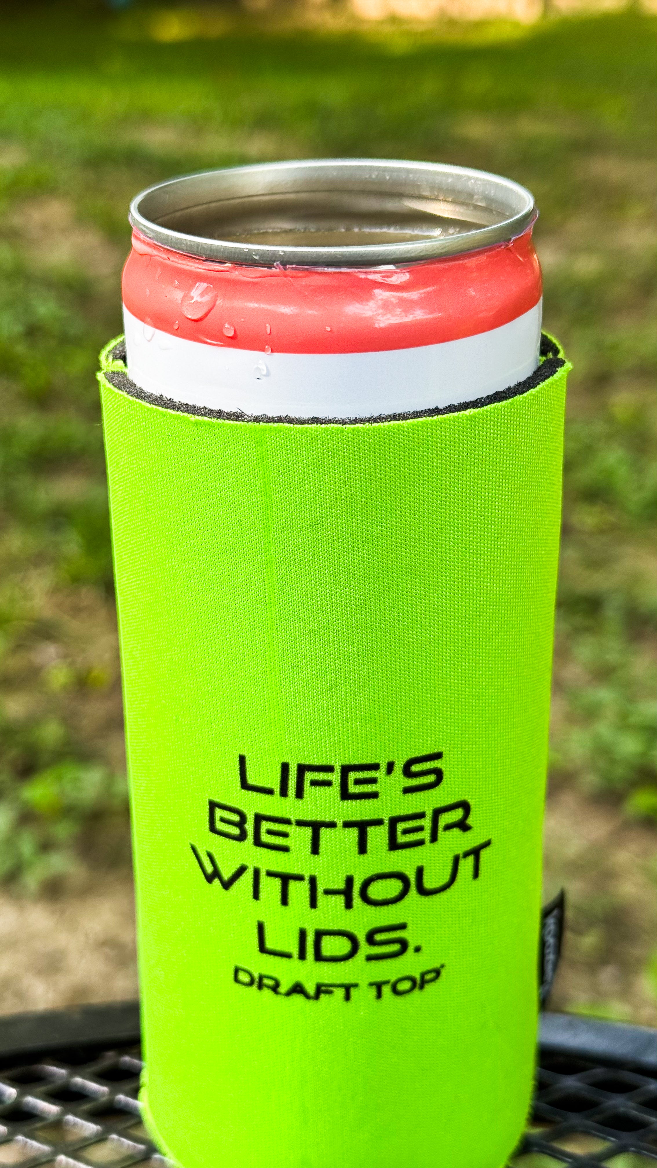 Draft Top Slim Can Cooler – Life’s Better Without Lids (Neon Green)-Merchandise-Draft Top-Draft Top