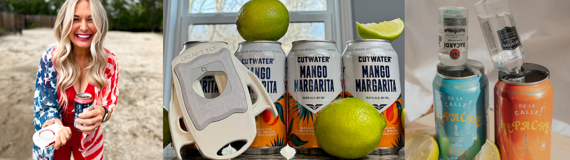 3 image collage of woman holding Draft Top Lift, 3 mango margaritas with Draft Top Lift and lemons, and 2 cans with Can Clips